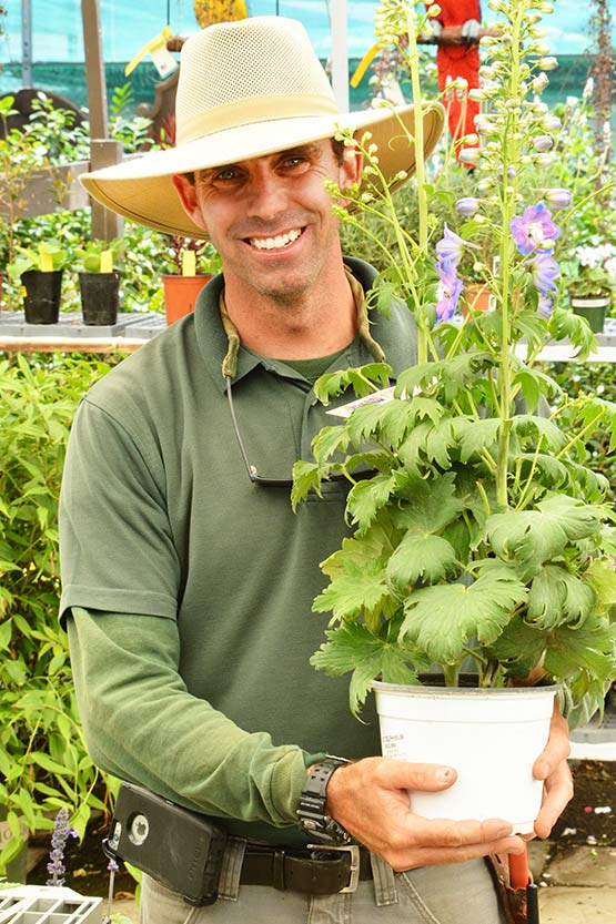 A man in a green hat holding a potted plant.