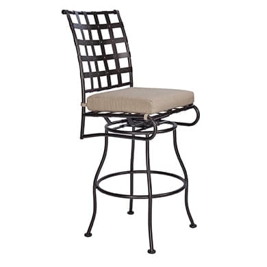 A black bar stool with a tan cushion.