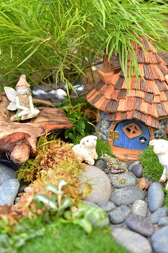 A small fairy house is surrounded by rocks and plants.