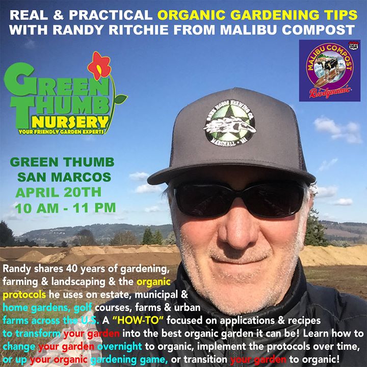 A flyer for a green Thursday workshop with Randy Marcos at a Southern California plant nursery.