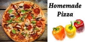 A homemade pizza with peppers and onions, baked at a SoCal garden center.