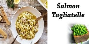 Pasta dish with salmon and peas.