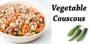 Plant-based couscous in a bowl with carrots and cucumbers at a SoCal garden center.