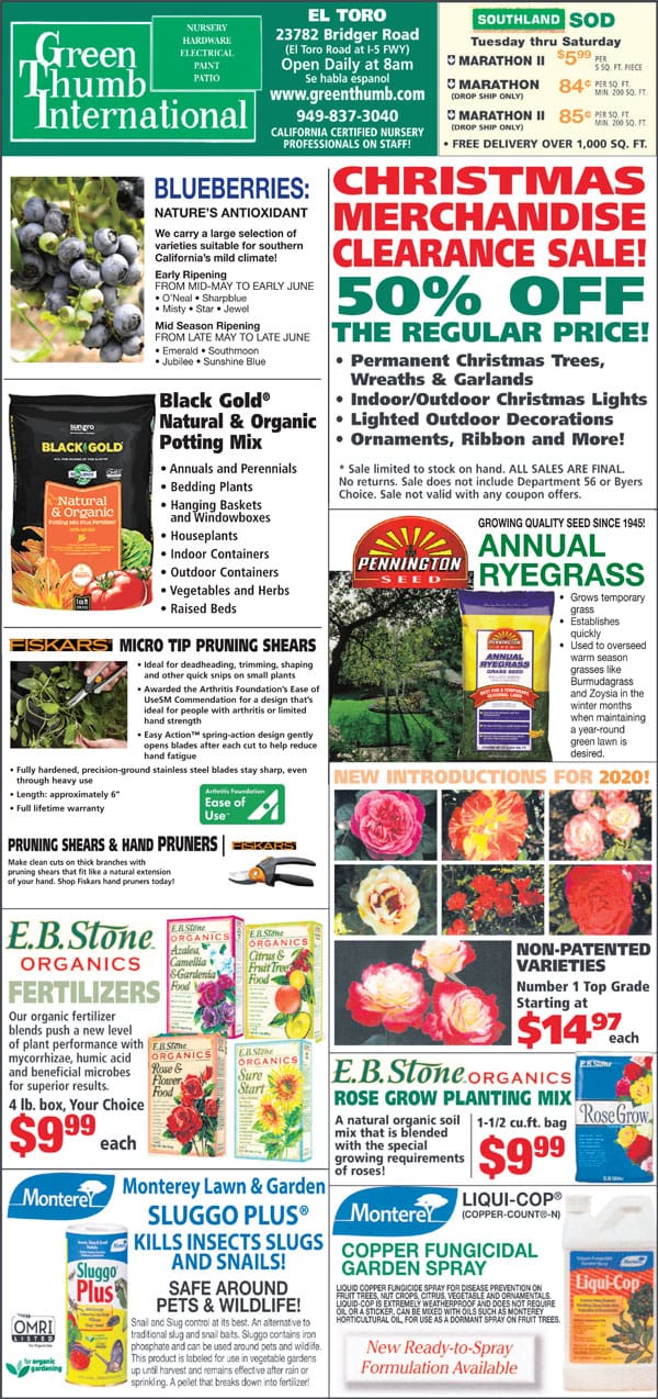 122619 Ad for El Toro Lake Forest Green Thumb Nursery