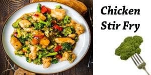 Chicken stir fry on a plate with broccoli at a Southern California garden center.