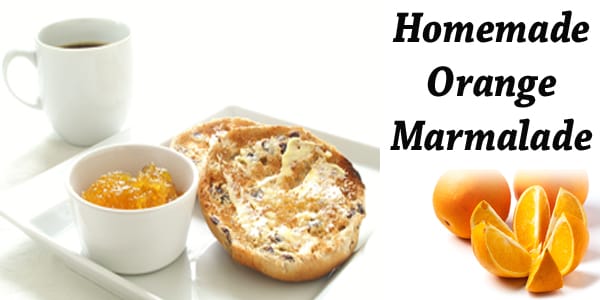 Homemade orange marmalade using fresh citrus from a Southern California garden center.