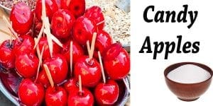 A bowl of candy apples and a bowl of sugar at a socal garden center.