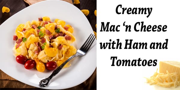 Creamy mac n cheese with ham and tomatoes from a socal garden center.