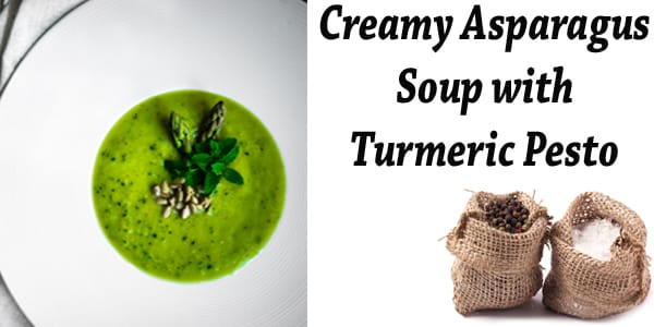 Creamy asparagus soup with turmeric pesto from the best garden center near me.