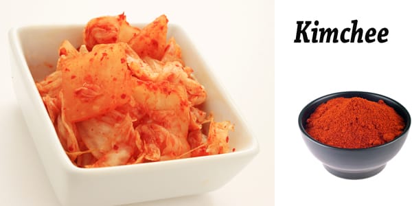 Bowl of kimchee powder and kimchee.