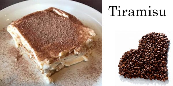 Plate with tiramisu and coffee beans.
