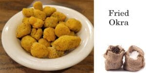 Fried okra in a bowl next to a bag of salt at a garden center near me.