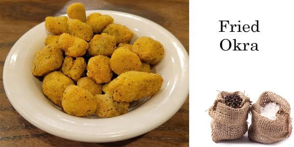 Fried okra in a bowl next to a bag of salt at a garden center near me.