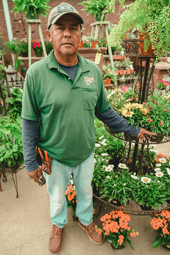 A man in a green shirt standing in front of a plant nursery.