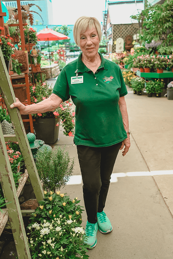 A woman standing next to a ladder at a garden center nearby.