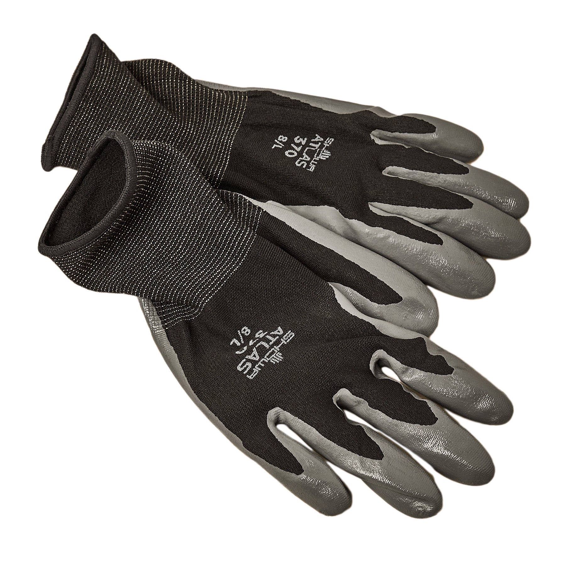 A pair of black and grey work gloves on a white background.