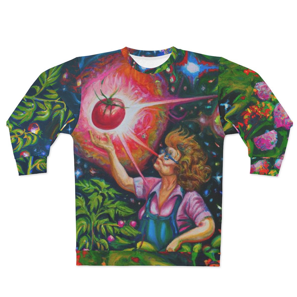 A 'Tomato Love' Sweatshirt (All Over Print) by Green Thumb Nursery featuring a tomato-holding girl.