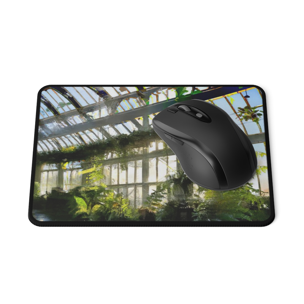 A Victorian Green House Non-Slip Mouse Pad by Green Thumb Nursery featuring a picture of a greenhouse from the best plant nursery near me.