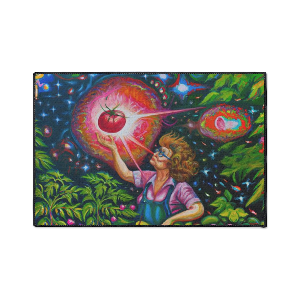 A painting of a woman floating in space with the 'Tomato Love' Floor Mat by Green Thumb Nursery.