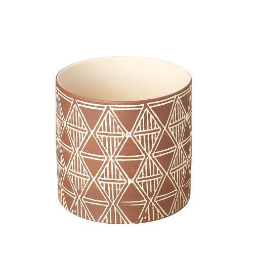 A brown mug with a geometric pattern, favored for its elegant design, available at a local garden center near me.