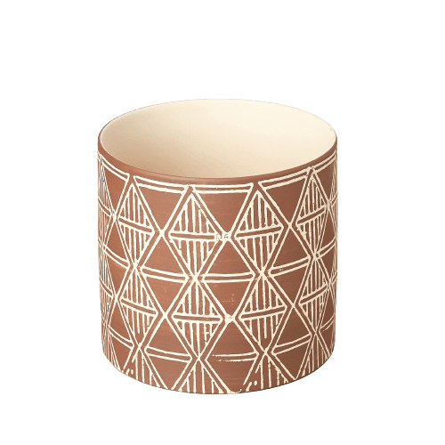 A brown mug with a geometric pattern, favored for its elegant design, available at a local garden center near me.