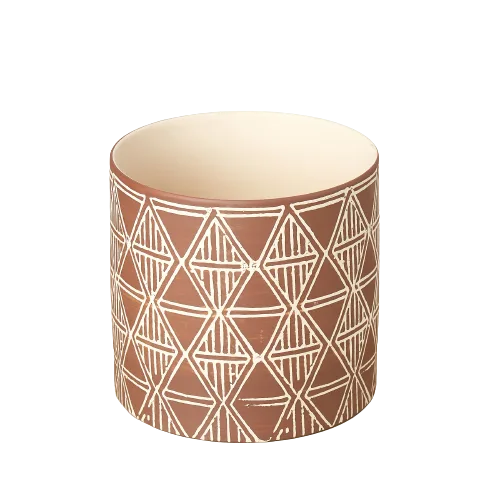 A brown mug with a geometric pattern, favored for its elegant design, available at a local garden center near me.