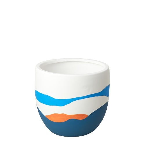 A white ceramic cup with blue and orange stripes, perfect for adding a pop of color to your home or office décor.
