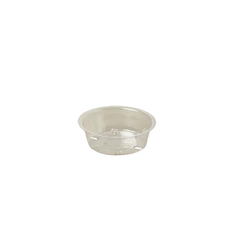 A clear plastic bowl on a black background at a plant nursery near me.