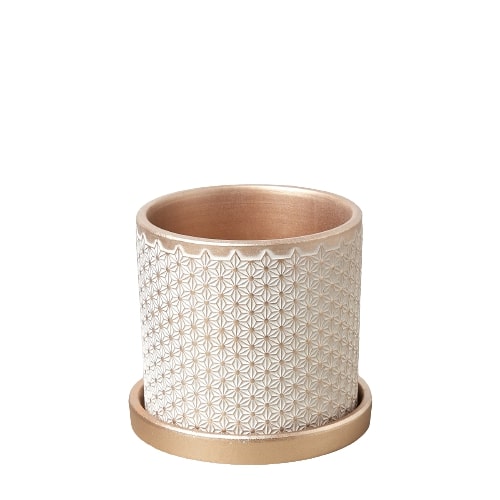 A white and gold planter with a lace pattern available at the best garden nursery near me.