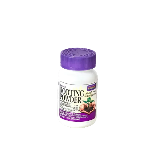A bottle of rooting powder for plant propagation on a black background.