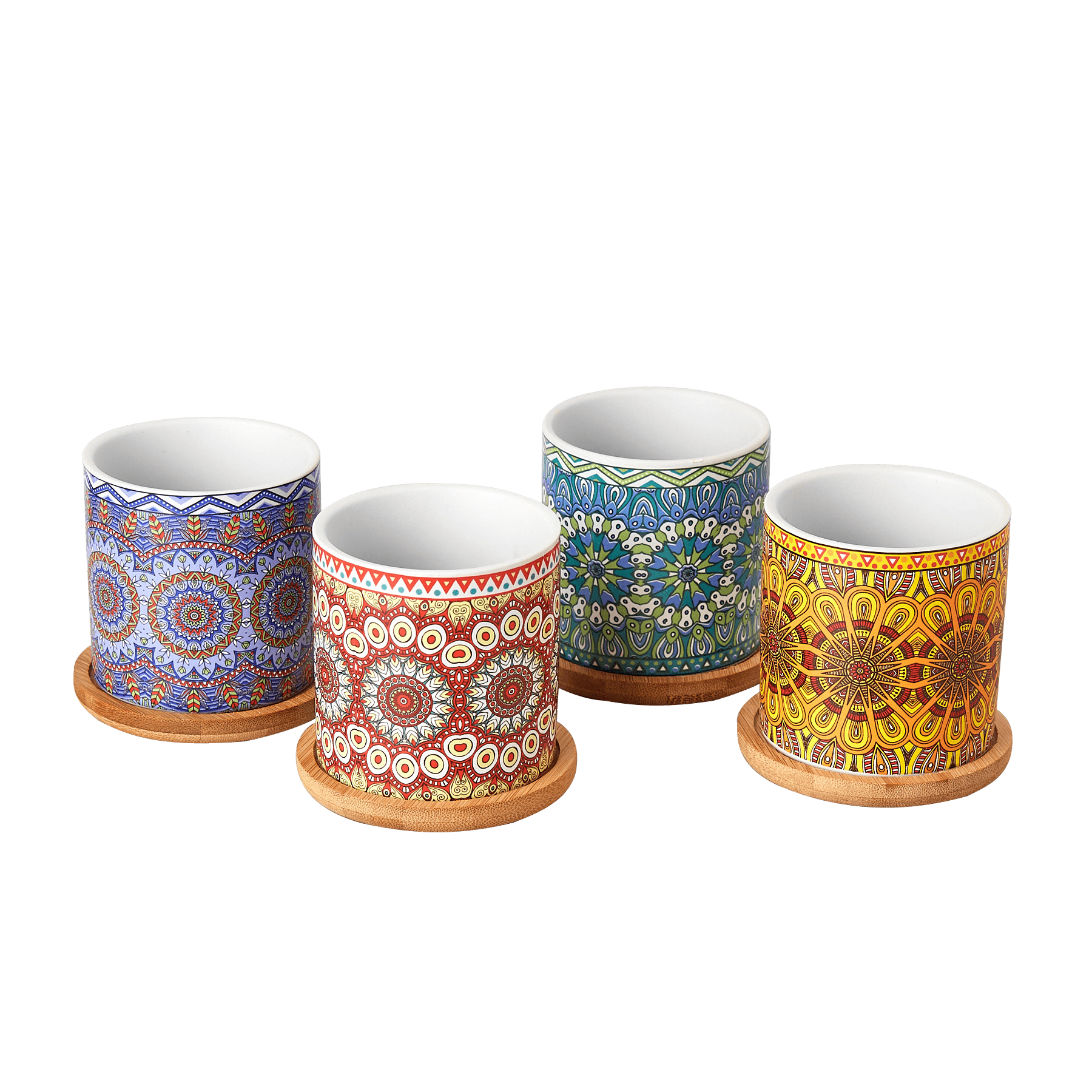 A set of colorful mugs with a wooden base, available at the best garden center near me.