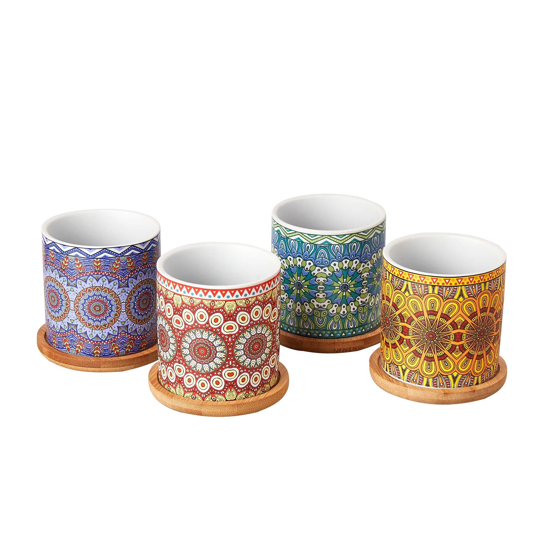 A set of colorful mugs with a wooden base, available at the best garden center near me.
