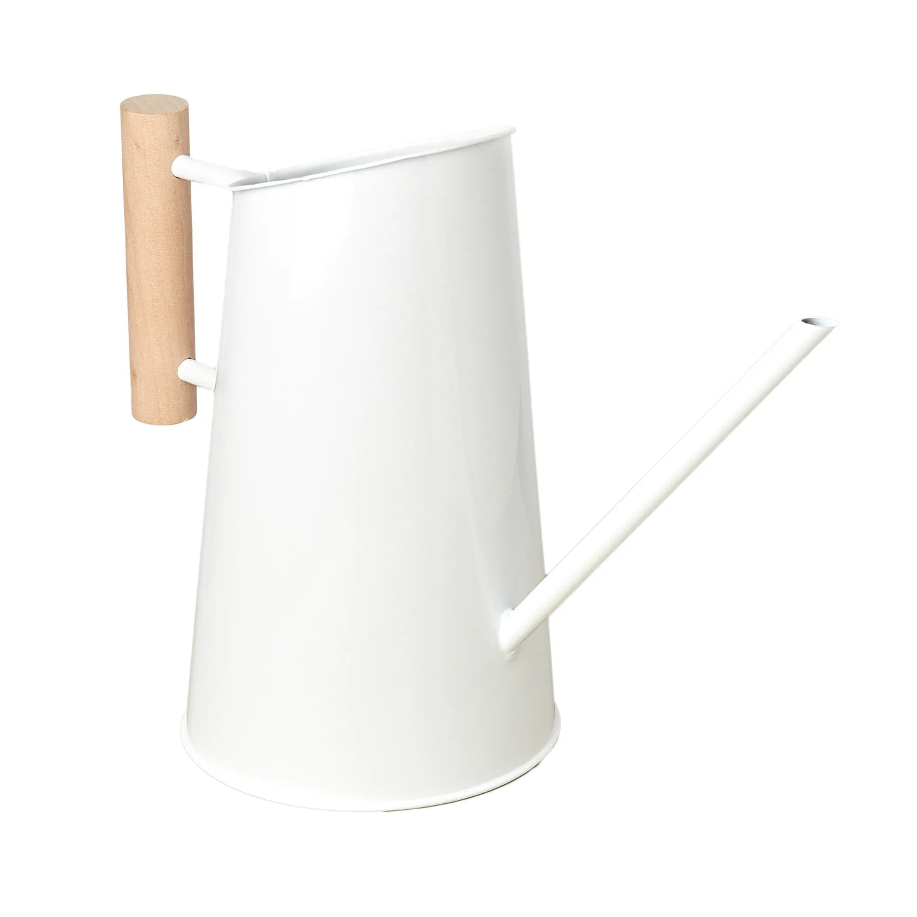 A white watering can with a wooden handle, perfect for any garden center.