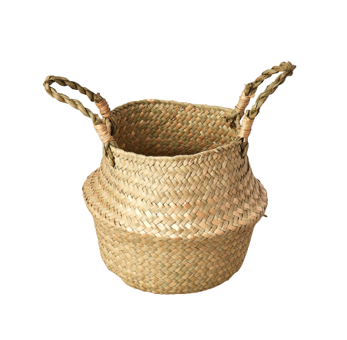 A small rattan basket with handles on a black background, perfect for your garden nursery or plant arrangement.