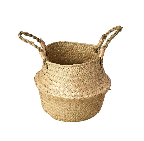 A small rattan basket with handles on a black background, perfect for your garden nursery or plant arrangement.