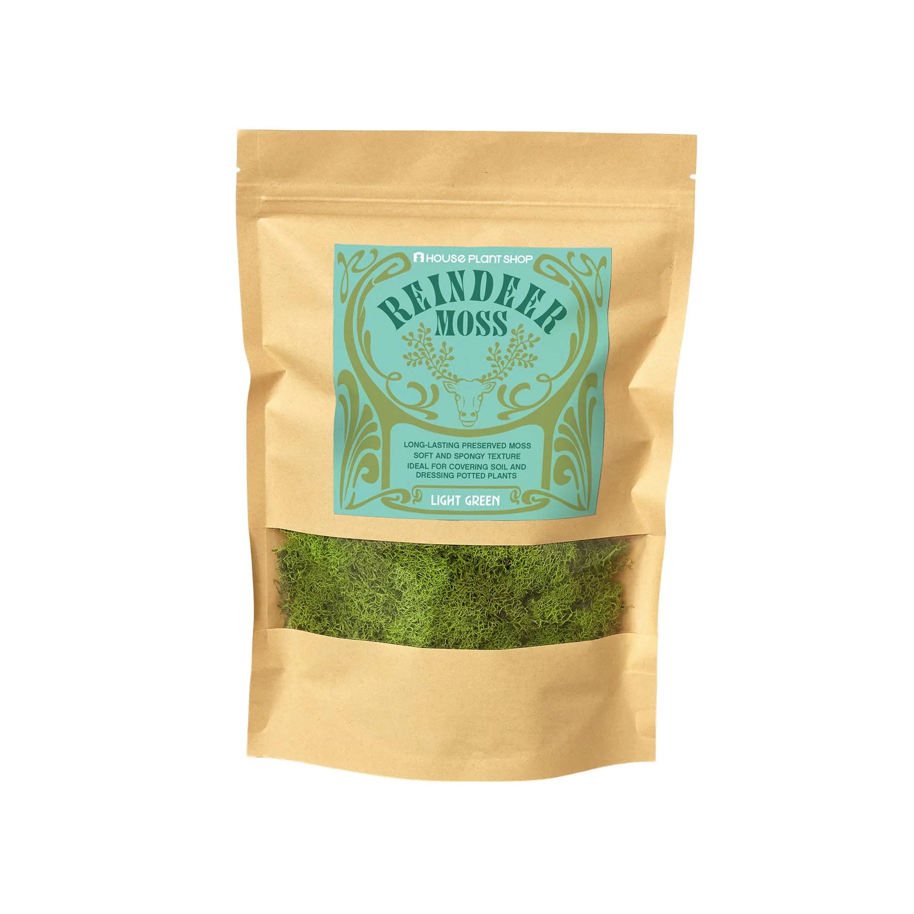 A bag of green tea moss on a white background, available at a top garden center near me.