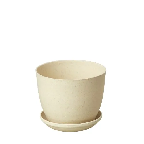 A beige plant pot on a white background in the best garden nursery near me.