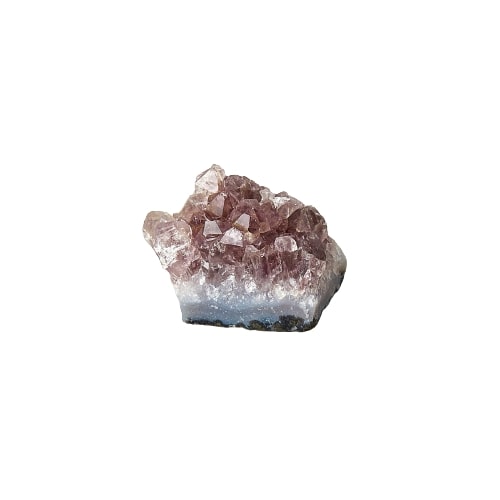 A piece of pink crystal on a white background with a top garden center nearby.