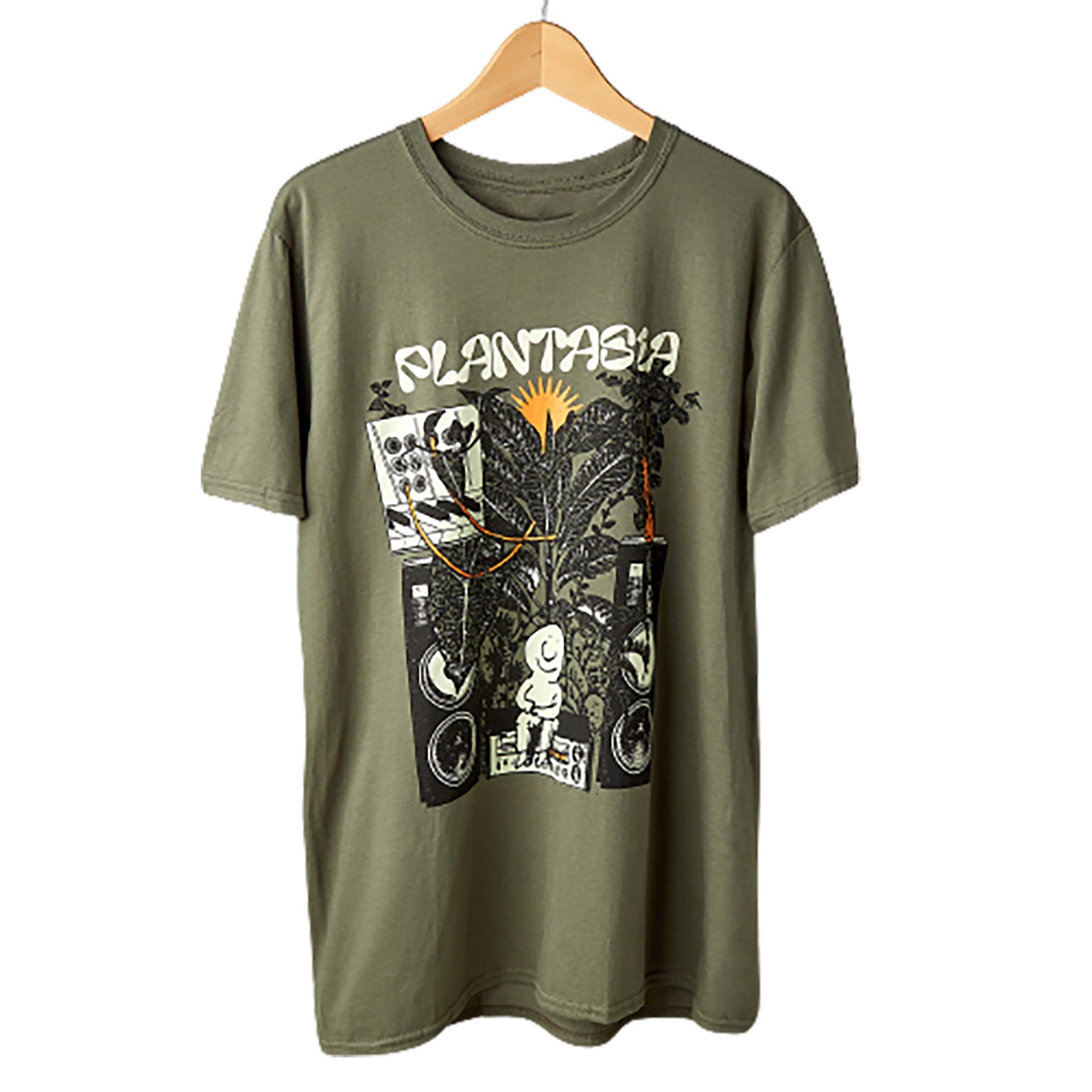 A green t-shirt with an image of a man and a woman showcasing top plant nurseries near me.