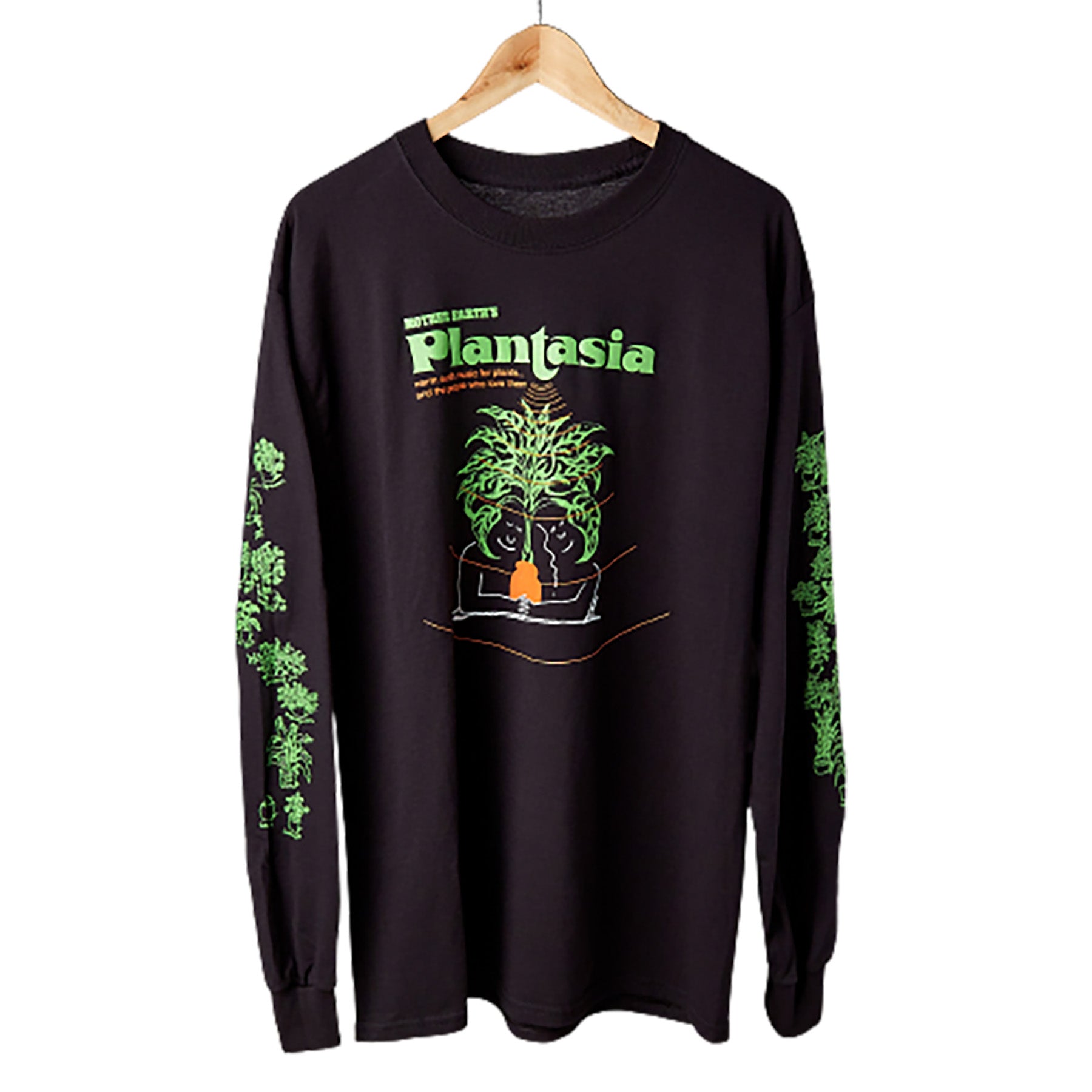A black long-sleeve t-shirt with a green plant on it, perfect for plant enthusiasts looking for the best garden center near them.