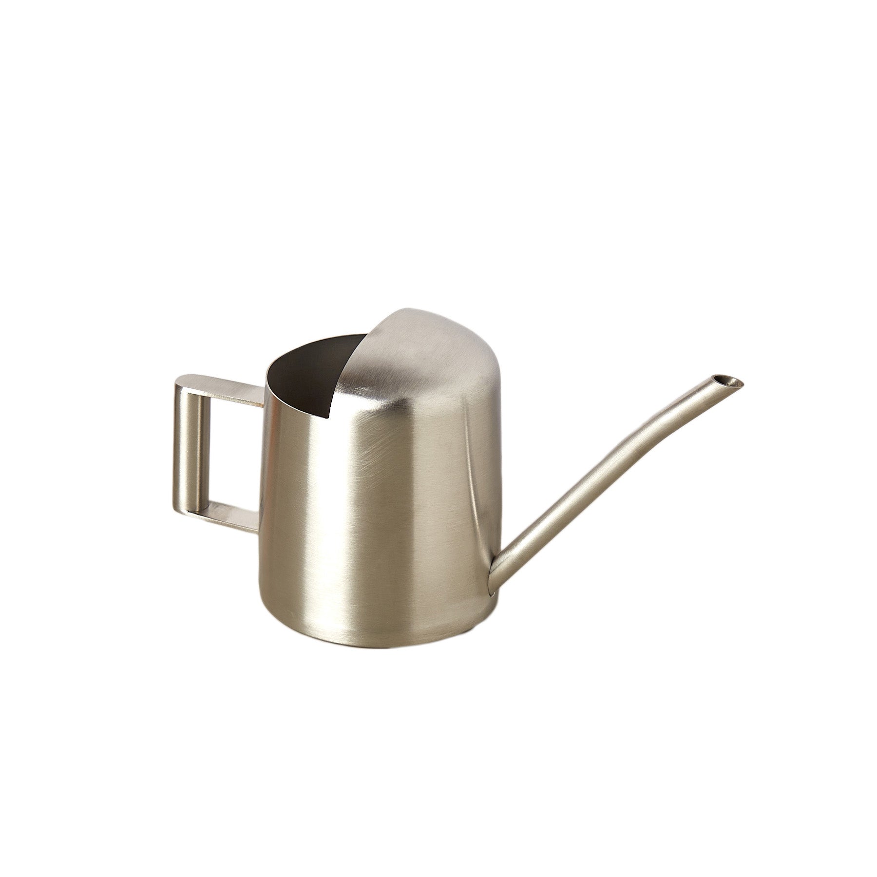 A stainless steel watering can on a white background near top garden centers near me.