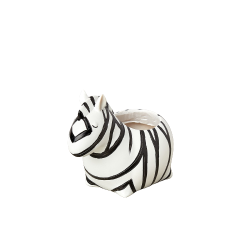 A small zebra shaped planter on a black background at a top garden center near me.