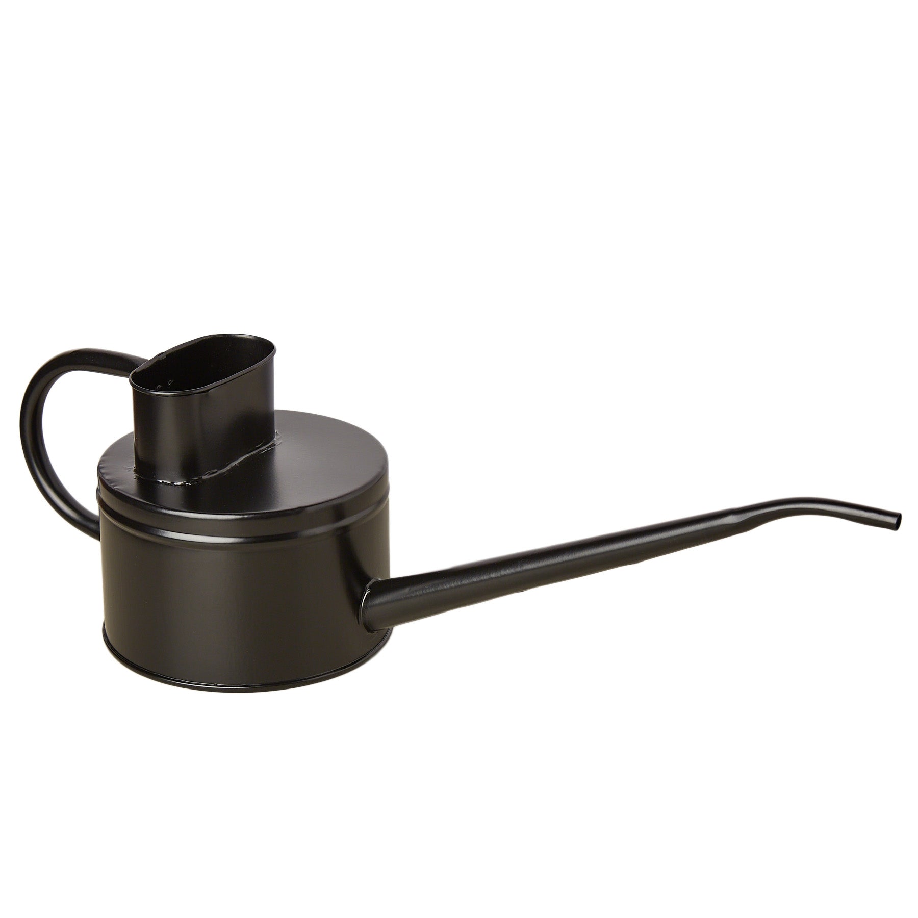 A black metal watering can on a white background.