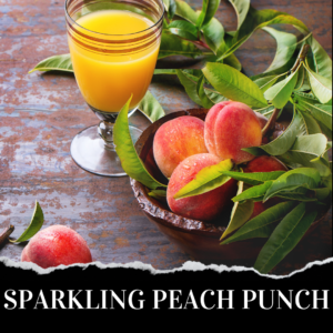 A glass of orange-yellow punch sits beside a bowl of fresh peaches with leaves. Text reads "Sparkling Peach Punch.