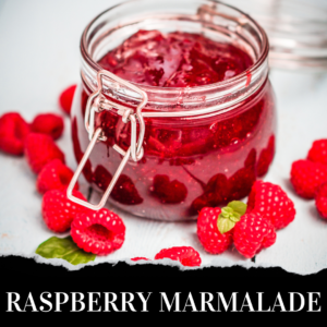 A jar of homemade raspberry marmalade surrounded by fresh raspberries.