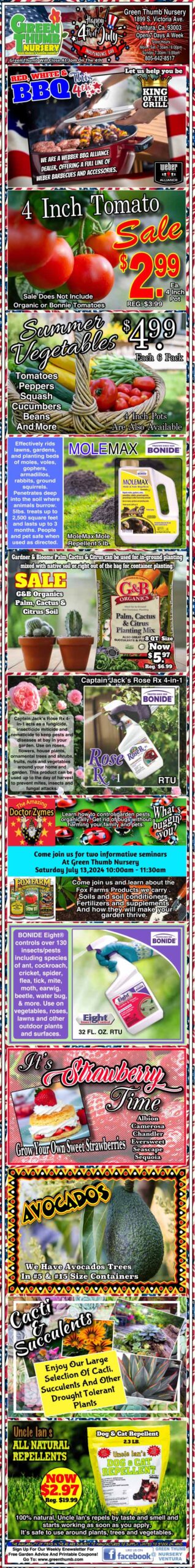 Colorful advertisement flyer showcasing various gardening products, including tomato plants, mole traps, garden gnomes, mushroom figurines, avocado guacamole kits, and discounts on selected items.