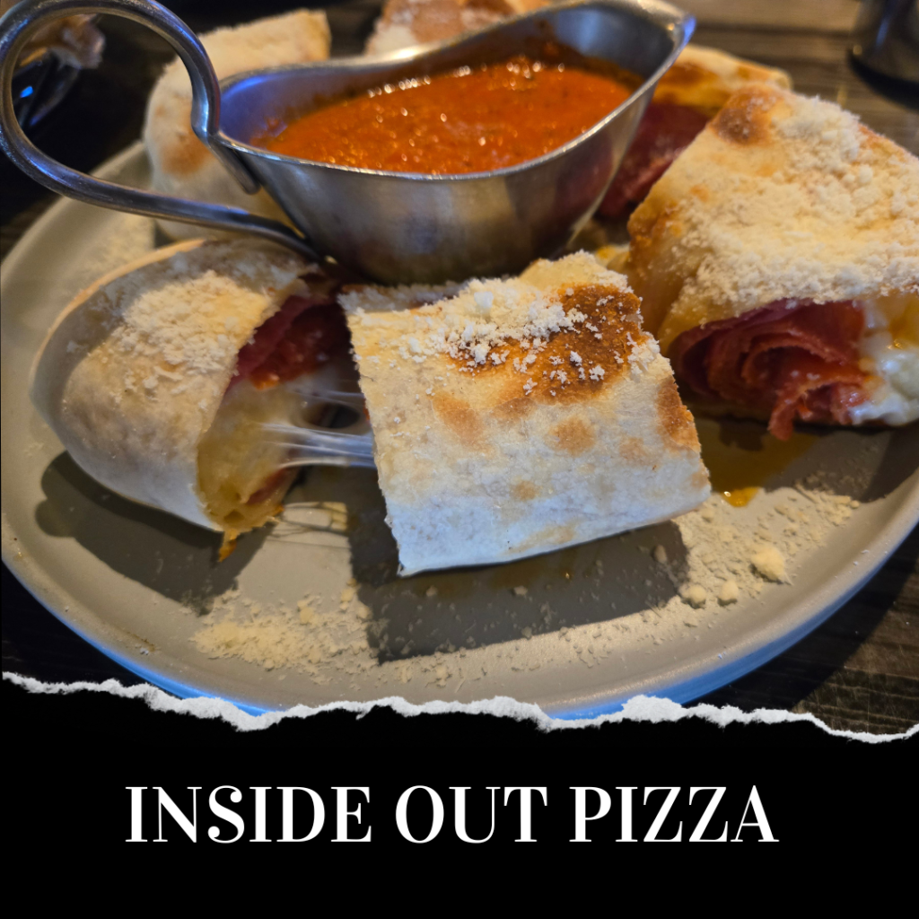 Stuffed pizza slices with cheese and salami, dusted with cheese, served with a metal sauce dish on a plate. Text: "Inside Out Pizza.