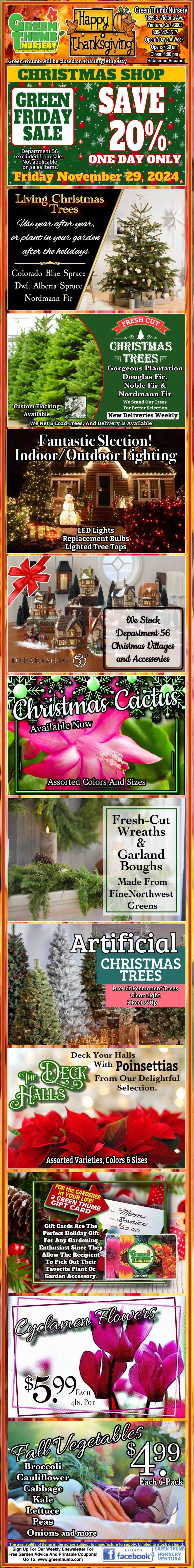 Colorful holiday-themed flyer with Christmas tree sales, poinsettia offers, and various discounts. Features images of trees, plants, and holiday decorations.
