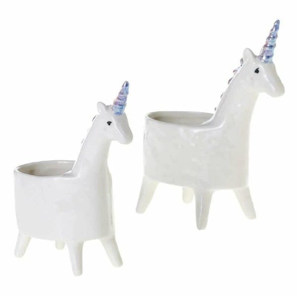 Two white unicorn-shaped planters with blue and pink horns, standing upright on four legs.