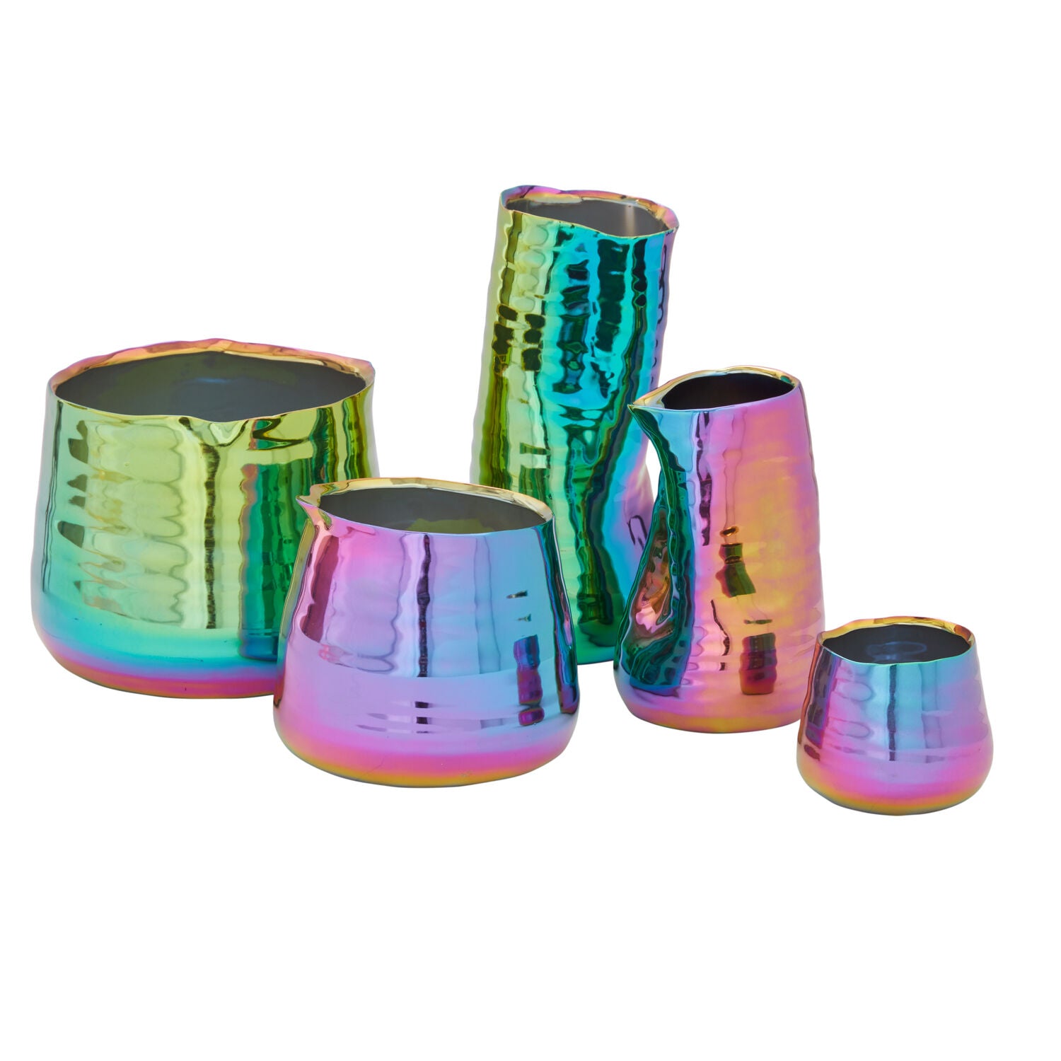 A collection of five iridescent, multicolored metal vases in various geometric shapes and sizes, arranged on a plain white background.